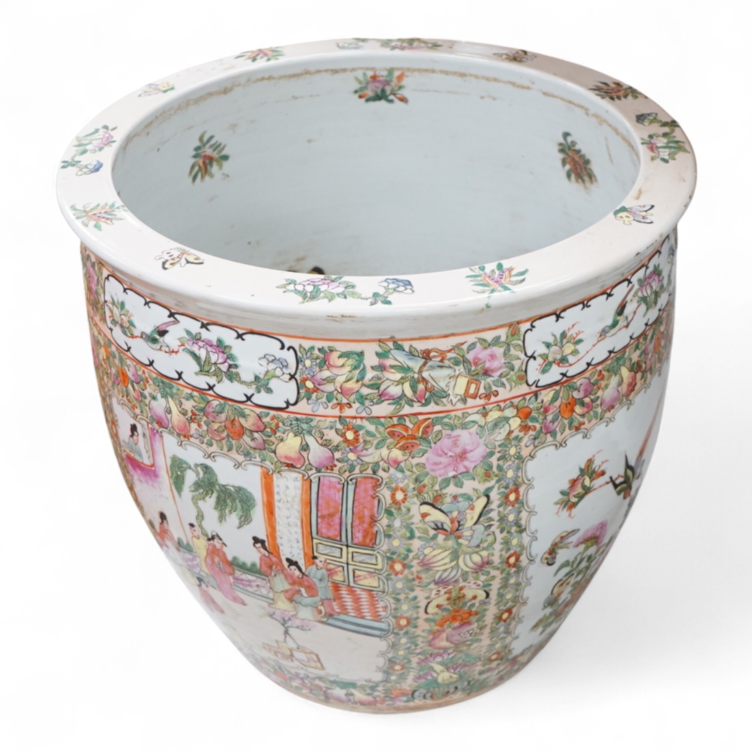 A Chinese famille Rose goldfish bowl enamelled with figures, butterflies and flowers, 41cm in diameter